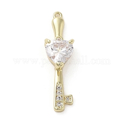 Brass Cubic Zirconia Pendents, with Glass, Long-Lasting Plated, Key with Heart, Golden, 34.5x9.5x6mm, Hole: 1.2mm