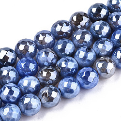 Galvanoplastie perles en agate naturelle brins, teinte, facette, perle plaquée lustre, ronde, bleuet, 8.5x7~8mm, Trou: 1.2mm, Environ 47~48 pcs/chapelet, 13.78 pouce ~ 13.98 pouces (35 cm ~ 35.5 cm)