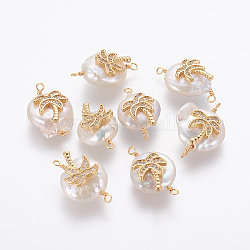 Connecteurs de liens de perles naturelles, avec accessoires zircon cubique micro pave en laiton, pépites de cocotier, or, clair, 21~27x13~16x6~8mm, Trou: 1.6mm