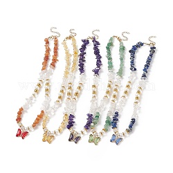 Collar con colgante de mariposa de vidrio, Chips de piedras preciosas naturales y collar de cuentas de perlas de concha para mujer, 17.32 pulgada (44 cm)