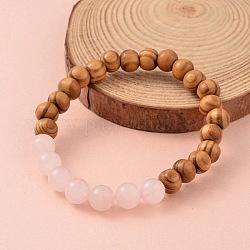 Round Wood Beaded Stretch Bracelets, with Natural Rose Quartz Beads, 61mm