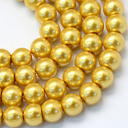 Cottura dipinto di perle di vetro perlato fili di perline rotondo, oro, 6~7mm, Foro: 1 mm, circa 145pcs/filo, 31.4 pollice