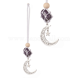 Lune 201 décorations pendentif en acier inoxydable, Perles de bois et pépites d'améthyste naturelle Ornement suspendu en fil de nylon, 165~171mm
