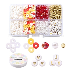 DIY Letter & Imitation Pearl & Heishi Beads Bracelet Making Kit, Including Disc Polymer Clay & Electroplate Glass & ABS Plastic Imitation Pearl & Plating Acrylic Beads, Elastic Thread, Red, Beads: 1132pcs/set