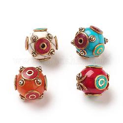 Handgemachten tibetischen Stil runde Perlen, mit Messing-Zubehör, Antik Golden, Mischfarbe, 16x17x17 mm, Bohrung: 2 mm