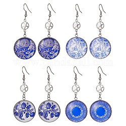 Blue Glass Flat Round & Alloy Star Dangle Earrings, with 304 Stainless Steel Earring Pins, Mixed Shapes, 64.5x26mm