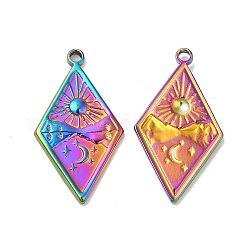 Ion Plating(IP) 304 Stainless Steel Pendants, Rhombus with Sun & Star Charm, Rainbow Color, 25.5x14x2mm, Hole: 1.6mm