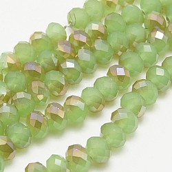 Chapelets de perles en rondelles facettées en verre électrolytique, jade d'imitation, demi-plaqué, kaki foncé, 8x5~6.5mm, Trou: 1mm, Environ 65~68 pcs/chapelet, 15.7~16.1 pouce (40~41 cm)