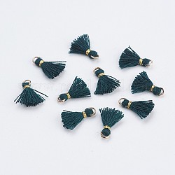 Décorations avec pendentif en nylon, mini pompon, avec les accessoires en fer de ton or, vert de mer, 10.5~14.5x2.5~3mm, Trou: 2mm