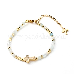 Bracelet en perles de zircone cubique croix pour fille femme, bracelet aigue-marine naturelle et perles de laiton, or, 7-5/8 pouce (19.5 cm)