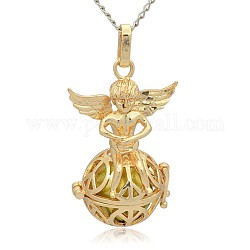 Golden Tone Brass Hollow Round Cage Pendants, with No Hole Spray Painted Brass Round Ball Beads, Round with Angel, Dark Khaki, 43x28x20mm, Hole: 3x8mm