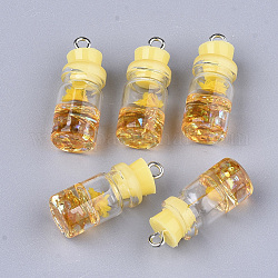 Glasflasche Anhänger Dekorationen, mit Harz Strass & Stopper, Trockenblumen- und Eisenfunde, Platin Farbe, Gelb, 26~27x9.5~10 mm, Bohrung: 1.8 mm