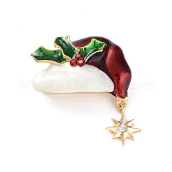 Christmas Theme Rhinestone Brooch Pin, Light Gold Alloy Badge for Backpack Clothes, Holly Leaves, 47x36x14.5mm