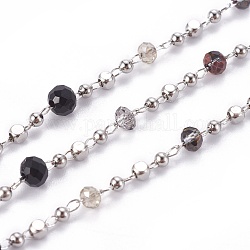 Handgefertigte Glasperlenketten, gelötet, mit Messingketten und Perlen, langlebig plattiert, mit Spule, facettierte Rondelle, Echt platiniert, Schwarz, 1.5x1.5x1.5 mm, ca. 32.8 Fuß (10m)/Rolle