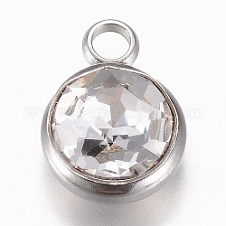 Glass Charms, Faceted, with 304 Stainless Steel Findings, Flat Round, Clear, 14x10x6.5mm, Hole: 2.5mm
