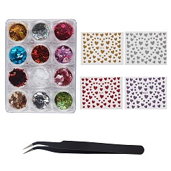 Manicure Tools Kits, with Manicure Sequins/Paillette, Stainless Steel Beading Tweezers, Heart Pattern Nail Art Stickers, Mixed Color, 30x20cm, Inner Measure: 21.8x18cm