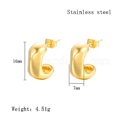304 Stainless Steel Stud Earrings, Rectangle Half Hoop Earrings, Real 18K Gold Plated, 16x7mm