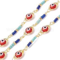 Handmade Eco-friendly Brass Horse Eye Link Chain, with Glass Evil Eye & Seed Beaded, Real 18K Gold Plated, Lead Free & Cadmium Free, Soldered, with Spool, Colorful, 10x6x4mm, 19x2mm