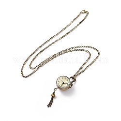 Сплав круглый кулон ожерелье кварц карманные часы, железные цепочки и карабин-лобстеры , античная бронза, 31.1 дюйм, голова часов : 85x29x23 мм