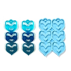 Moules en silicone pendentif bricolage thème saint valentin, pour la fabrication de boucles d'oreilles, moules de résine, pour la résine UV, fabrication de bijoux en résine époxy, cœur, bleu profond du ciel, 71x48x4mm, Trou: 3mm