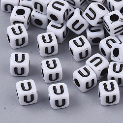 白い不透明なアクリルビーズ  水平穴  黒いアルファベットのキューブ  文字.u  4~5x4~5x4~5mm  穴：1.8mm  約6470~6500個/500g