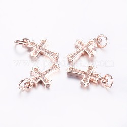 Long-Lasting Plated Brass Micro Pave Cubic Zirconia Pendants, Cross, Real Rose Gold Plated, 15.5x10x2mm, Hole: 3mm