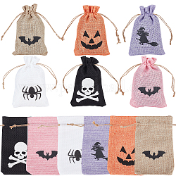 BENECREAT 24PCS 6 Colours Halloween Burlap Wrapping Bag Drawstring Bag, Rectangle Gift Bag with Bat, Pumpkin, Spider, Witch, Skull Patterns, For Halloween Candy, Gift Wrap, 15x9.4x0.5cm