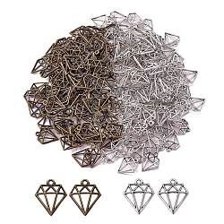 200個の合金ペンダント  中空  ダイヤモンド形状  アンティークブロンズ＆アンティークシルバー  19x16mm  穴：2mm