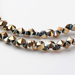 Electroplate Glass Bead Strands, Full Plated, Faceted, Diamond, Golden Plated, 4x4mm, Hole: 1mm, about 143pcs/strand, 11.8 inch