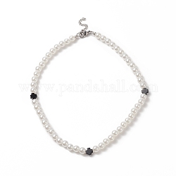 Collier de perles d'imitation de perles d'imitation de croix d'onyx noir naturel et d'acrylique pour femme, blanc, 17.32 pouce (44 cm)