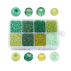 12/0 perline di vetro, stile misto, tondo, verde, 2~2.5x2mm, Foro: 0.5 mm, circa 12500 pc / scatola, scatola di imballaggio: 11x7x3 cm