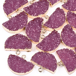 Electroplate Druzy Resin Semi Circle Pendants, with Iron Findings, Half Round, Light Gold, Old Rose, 18~19x23.5x5~6.5mm, Hole: 1mm