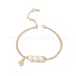 Pulsera con dije de hoja y perlas de concha, joyas de latón para mujer, dorado, 7-1/8 pulgada (18 cm)
