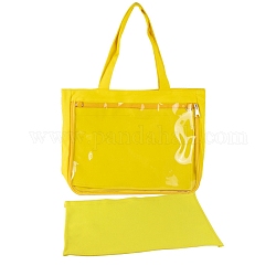 Leinwand Umhängetaschen, Rechteckige Damenhandtaschen, mit Reißverschluss und durchsichtigen PVC-Fenstern, golden, 31x37x8 cm