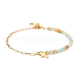Charm Bracelets, with Natural Flower Amazonite Beads, 304 Stainless Steel Cross Charms, Brass Paperclip Chains & Round Beads, 7-5/8 inch(19.3cm)
