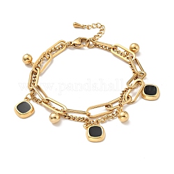 Bracelet multirangs losange et boule ronde en résine, placage sous vide 304 bracelet double chaîne en acier inoxydable pour femme, or, 7-1/2 pouce (19 cm)