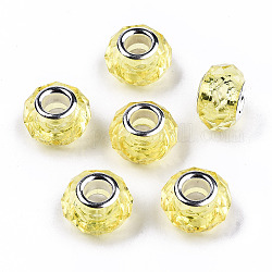 Résine transparente perles européennes, cristal d'imitation, Perles avec un grand trou   , laiton avec ton argent noyaux doubles, facette, rondelle, champagne jaune, 14x9.5mm, Trou: 5mm