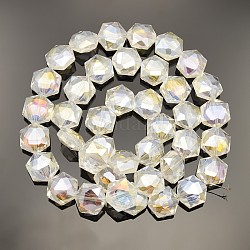 Hexagonale electroplate ab couleur plaquée perles de verre brins, facette, fantôme blanc, 15x14x8mm, Trou: 1mm, Environ 50 pcs/chapelet, 23.6 pouce