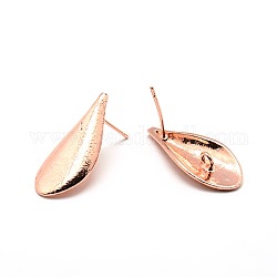 Teardrop Shaped Brass Stud Earring Findings, with Loop Fit Dangling Charms, Rose Gold, 25x11x3mm, Hole: 2mm, Pin: 0.8mm
