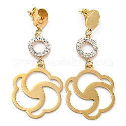 Placage sous vide doré 304 boucles d'oreilles pendantes à géométrie en acier inoxydable, boucles d'oreilles pendantes avec anneau en strass, fleur, 70x28.5mm
