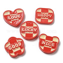 New Year Resin Decoden Cabochons, Tartan Cabochons with Word, Mixed Shapes, Red, 19~22.5x21~24.5x4.5mm