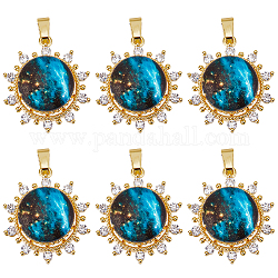 Beebeecraft 1 Box 6Pcs Flower Charms 18K Gold Plated Cubic Zirconia Crystal Flat Round Starry Sky Pattern Dark Night Pendants Dangle Charms for DIY Jewelry Necklace Earrings Bracelet Making
