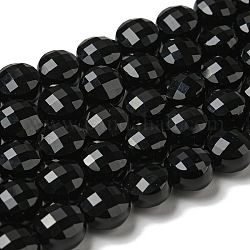 Brins de perles d'onyx noir naturel (teints et chauffés), facette, plat rond, 10x7~7.5mm, Trou: 1.2mm, Environ 38 pcs/chapelet, 14.92'' (37.9 cm)