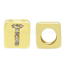 Brass Micro Pave Clear Cubic Zirconia European Beads, Cube with Letter, Letter.T, 8.5x8.5x8.5mm, Hole: 5mm, 3pcs/bag