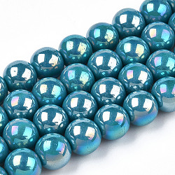 Chapelets de perles en verre opaque électrolytique, de couleur plaquée ab , ronde, bleu acier, 9.5~10mm, Trou: 1.5mm, Environ 40~42 pcs/chapelet, 14.76~15.12 pouce (37.5~38.4 cm)