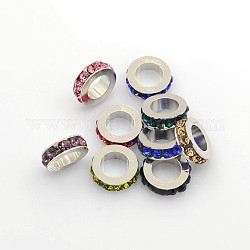 Brass Rhinestone Spacer Beads, Grade A, Platinum Metal Color, Mixed Color, 10x3mm, Hole: 6mm