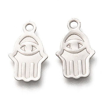 201 Stainless Steel Charms, Laser Cut, Hamsa Hand/Hand of Fatima/Hand of Miriam with Evil Eye , Stainless Steel Color, 13x8x0.5mm, Hole: 1.4mm