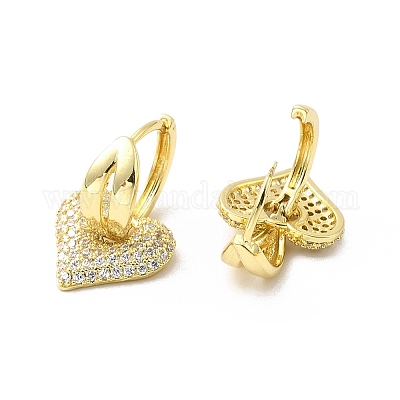 Серьги-кольца с прозрачными фианитами в виде сердца и листьев ко Дню святого Валентина EJEW-G327-06G-1