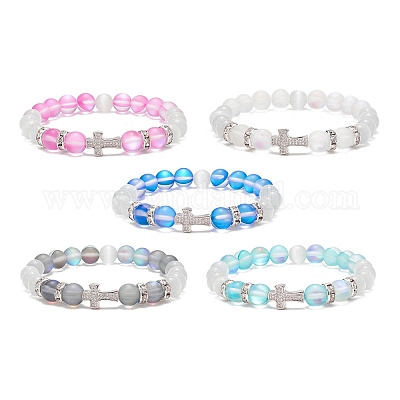 5 braccialetto elastico con pietre di luna sintetiche a 5 colori e occhi di  gatto e zirconi cubici per le donne all'ingrosso 