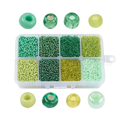 12/0 Glass Seed Beads, Mixed Style, Round, Green, 2~2.5x2mm, Hole: 0.5mm,  about 12500pcs/box, Packaging Box: 11x7x3cm